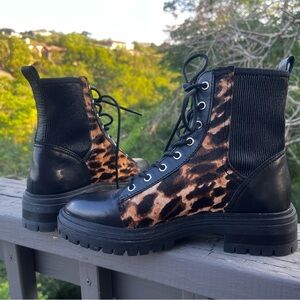 Vince Camuto Bestenda Black Leopard Leather Lace-Up Moto Lug Sole Combat Boot